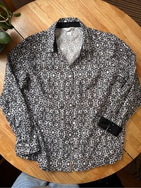 Christopher & Banks Black and White Floral-Scroll Blouse